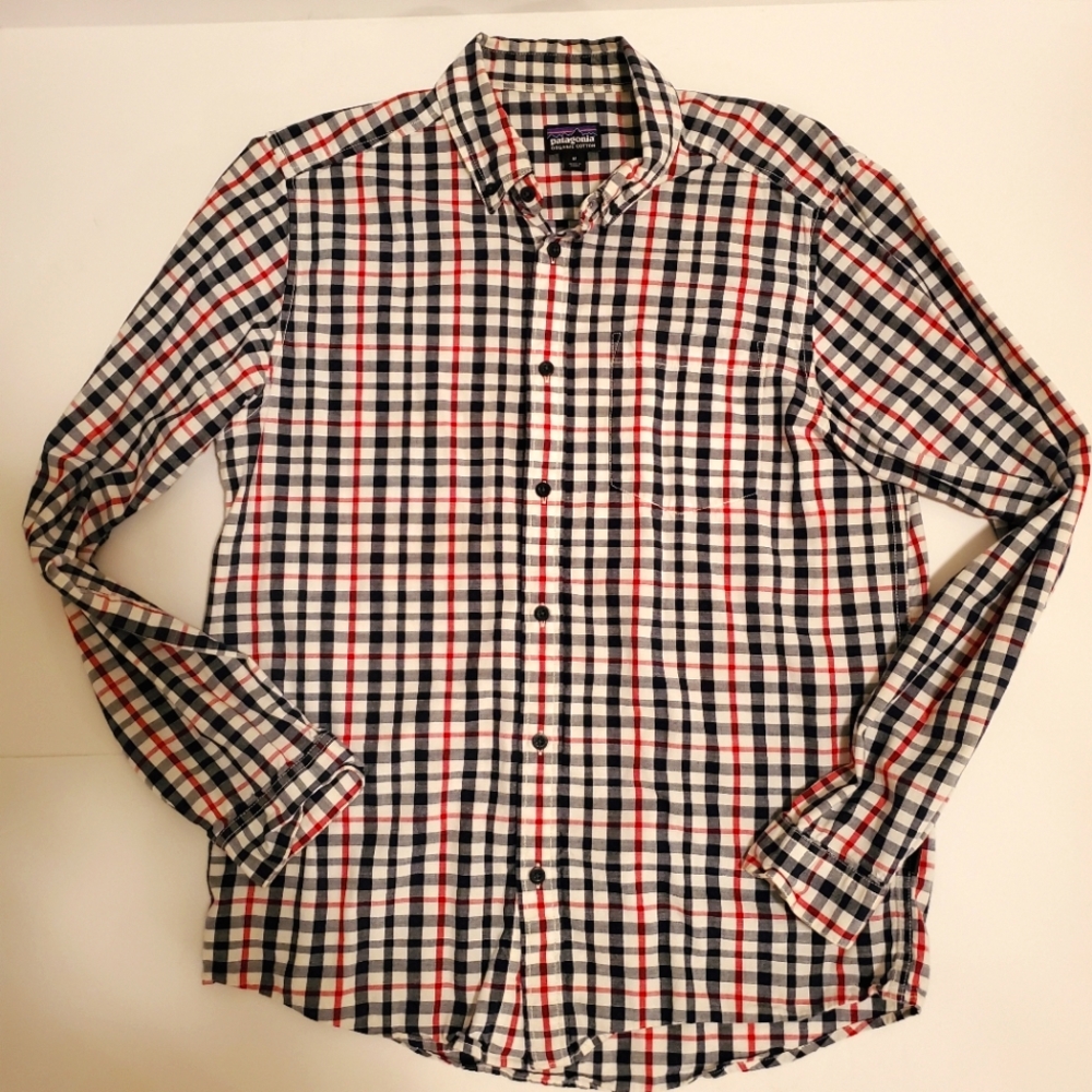 Patagonia Organic Cotton Button Plaid Size Medium Blue Red - Picture 2 of 4